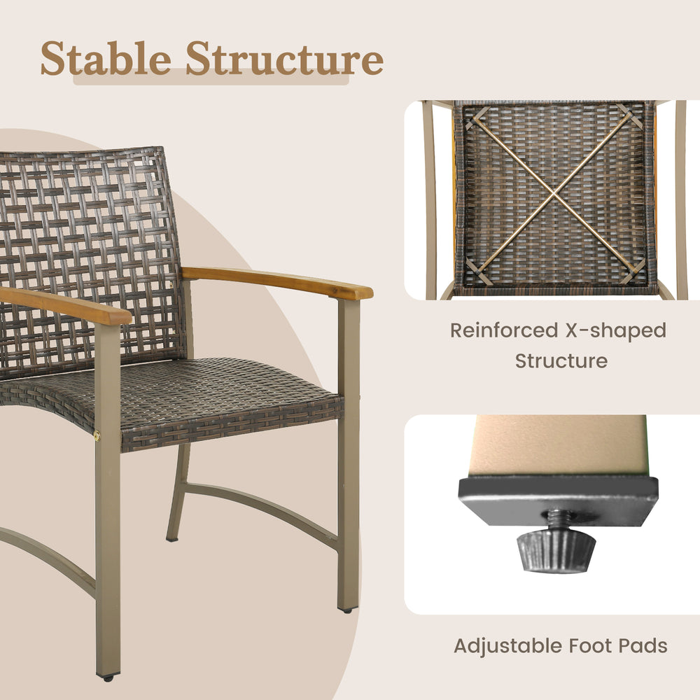 Patio rattan dining chair featuring a reinforced X-shaped structure and adjustable foot pads for enhanced stability.
