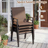 Stackable patio chairs with high backs in brown, featuring breathable fabric and sturdy metal frames for outdoor relaxation.