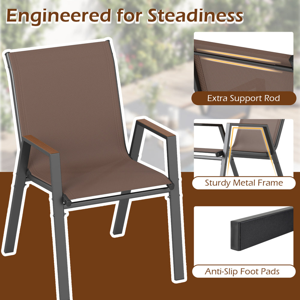 Stackable patio chair with high back, brown fabric, sturdy metal frame, and anti-slip foot pads for outdoor relaxation.