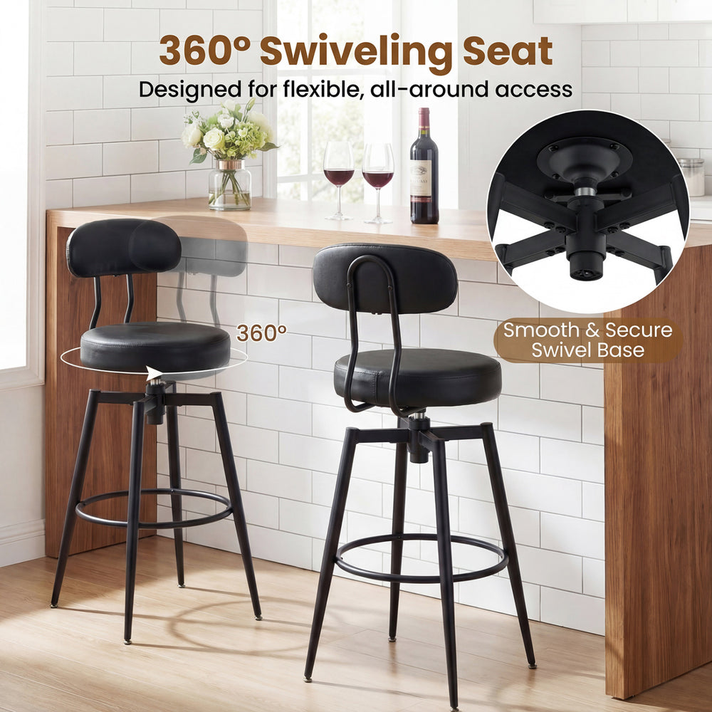 360° swivel barstool with padded seat and backrest in black faux leather, ideal for kitchens and pubs.