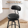 Curved backrest and padded seat of a black faux leather swivel barstool, designed for comfort and modern kitchens.