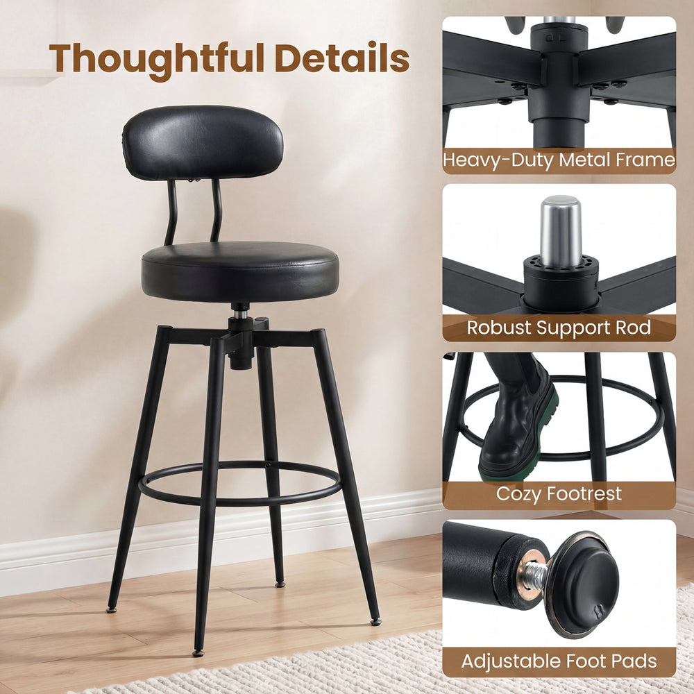 Black swivel barstool with padded seat, sturdy metal frame, and adjustable foot pads for modern kitchen or pub use.
