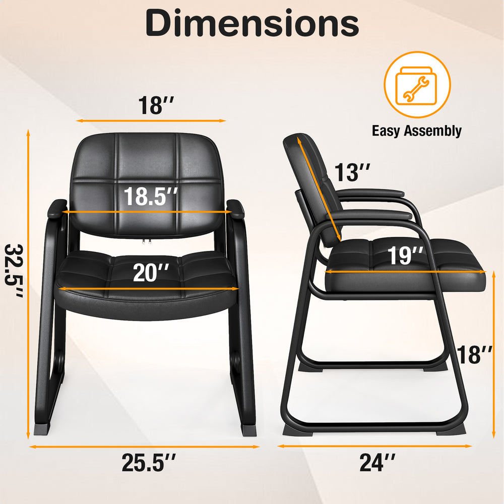 Dimensions of a black upholstered waiting room chair with armrest and ergonomic backrest, featuring easy assembly.