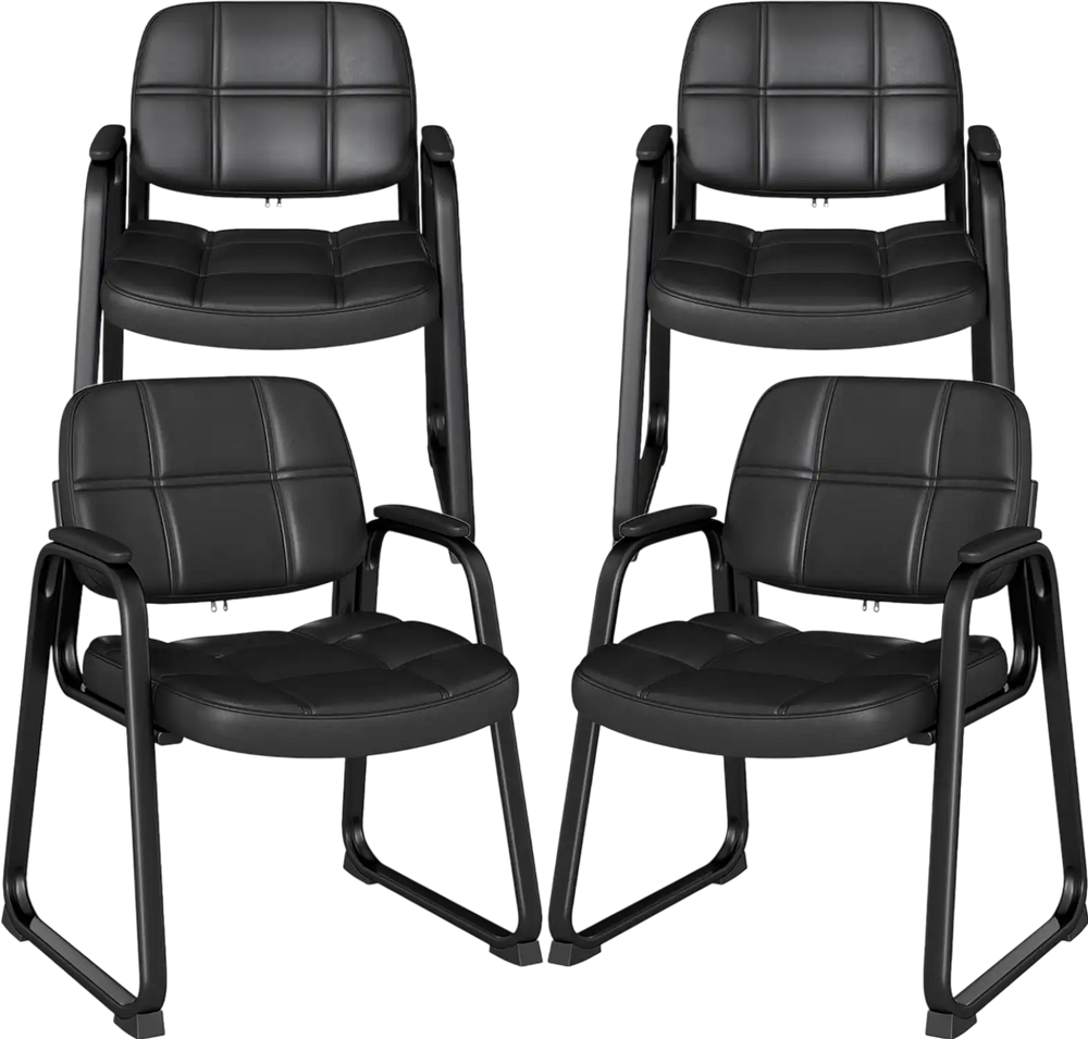 Set of 4 black upholstered waiting room chairs with armrests and ergonomic backrests, ideal for offices and dining.
