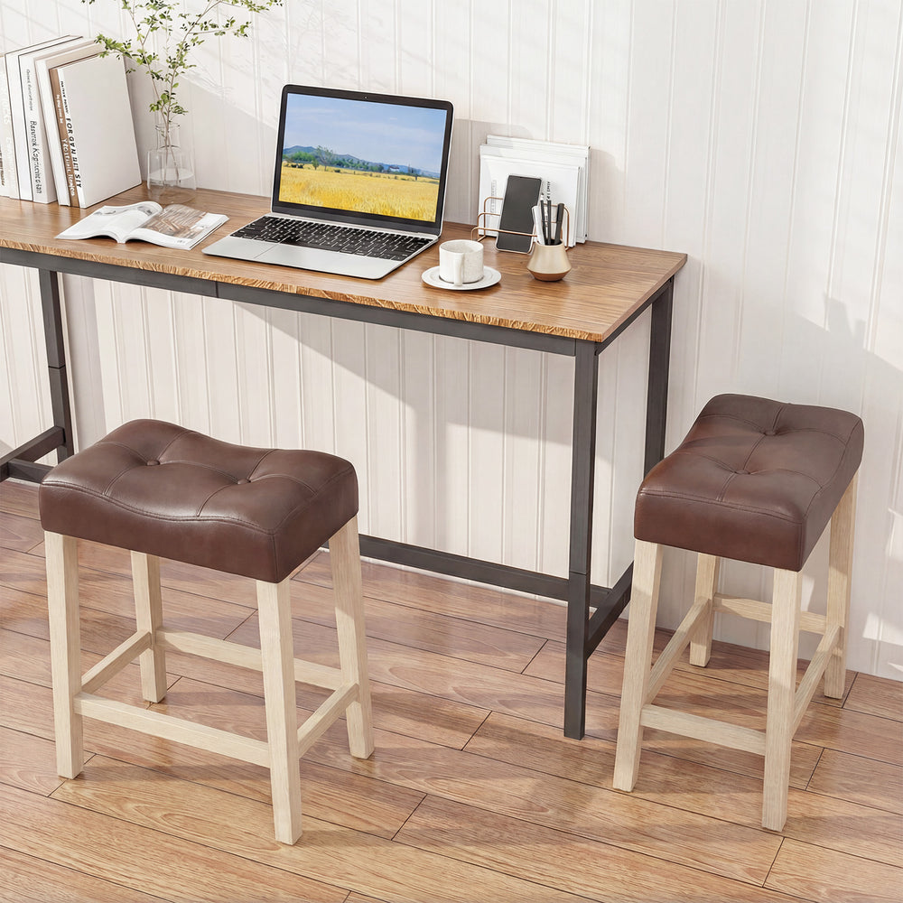 Upholstered counter height bar stools with curved saddle-seat, tufted design, and rubber wood frame for versatile use.