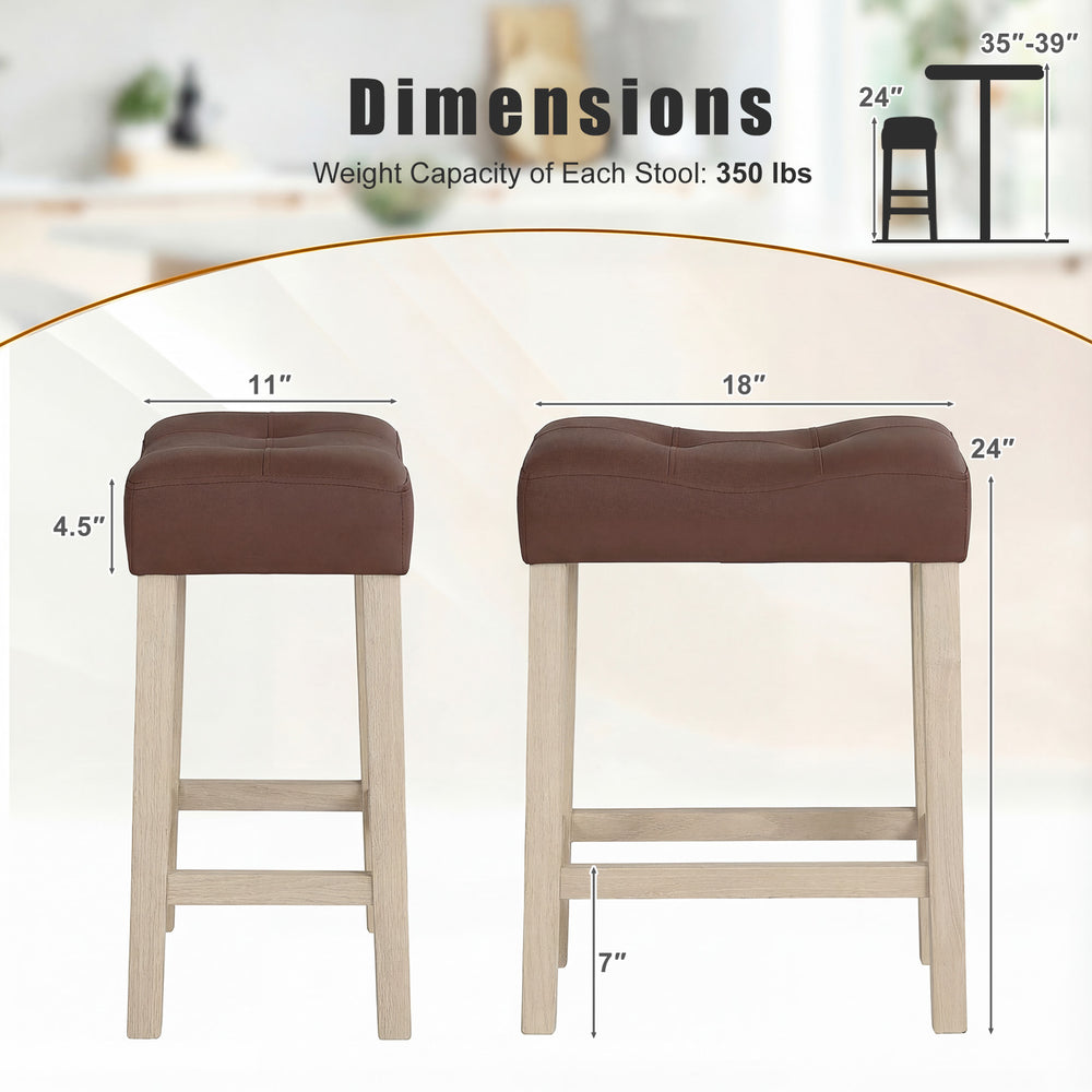 Curved saddle-seat bar stools with 4.5" cushion, natural rubber wood frame, perfect for kitchen or bar use.
