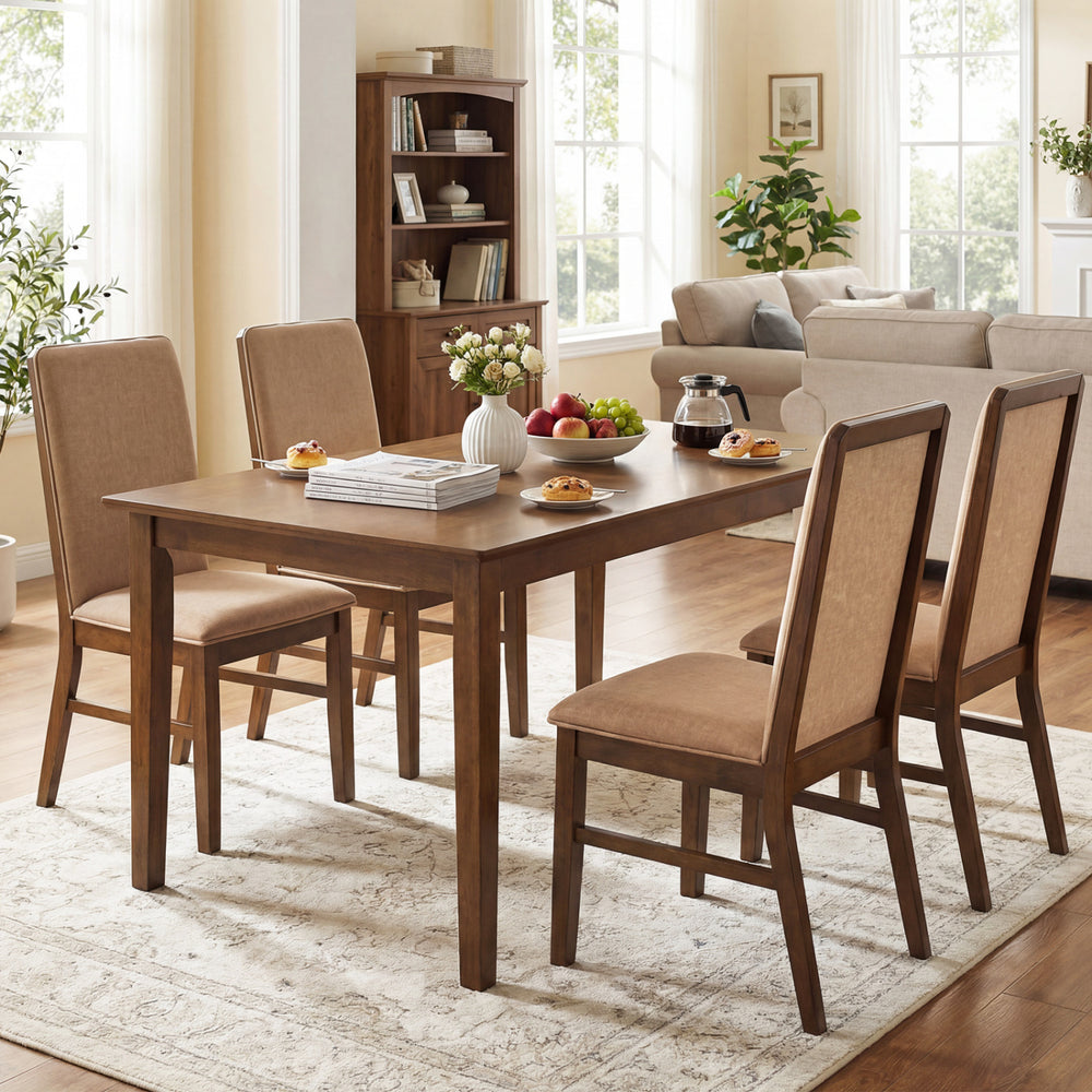 Set of 4 brown upholstered dining chairs with solid rubber wood legs, featuring high backrests and wide seats for.