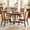 Round dining table set with four upholstered chairs in brown, featuring solid rubber wood legs and a rustic design for.