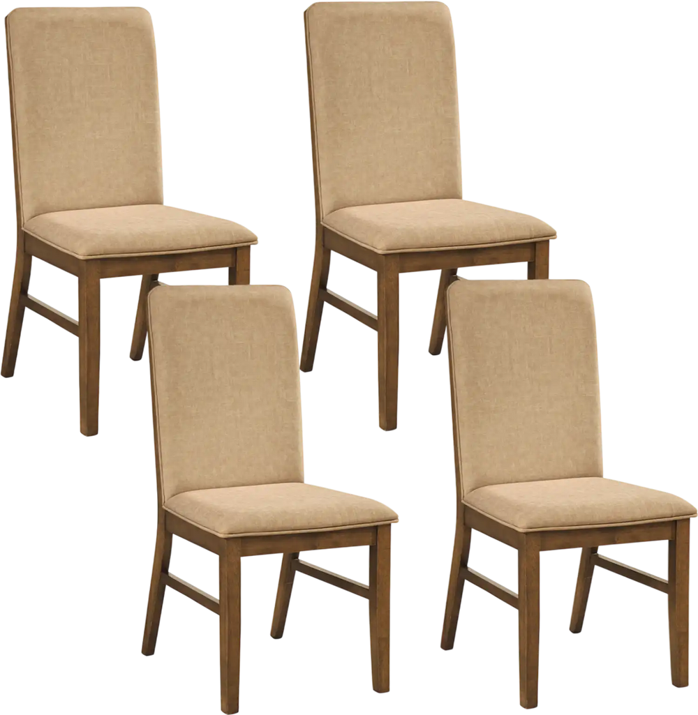 Set of 4 upholstered dining chairs with solid rubber wood legs, featuring breathable linen fabric and high backrests.