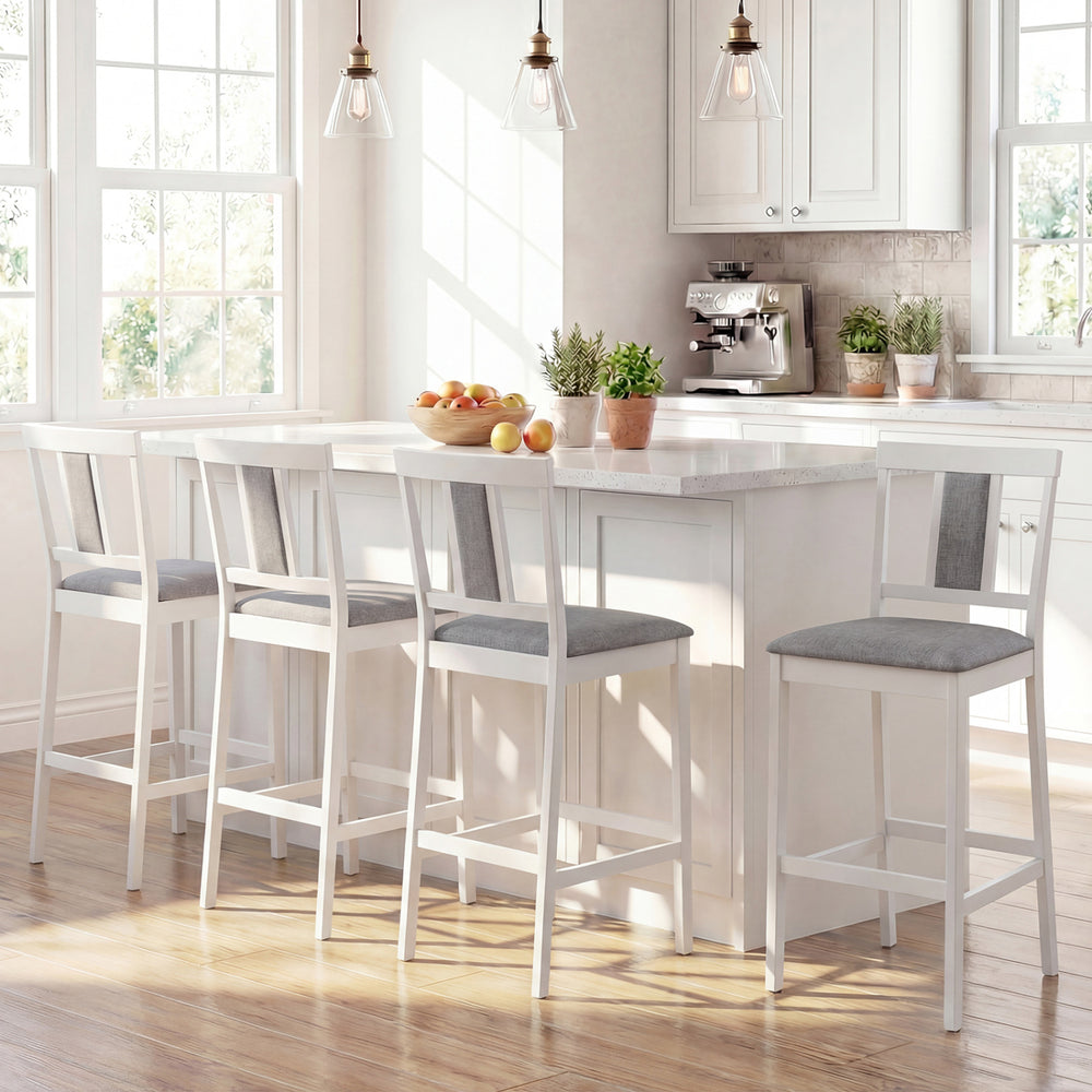 Set of 4 Upholstered Barstool 29.5 Inch Bar Height with Solid Rubber Wood Frame-White - Gallery View 1 of 7
