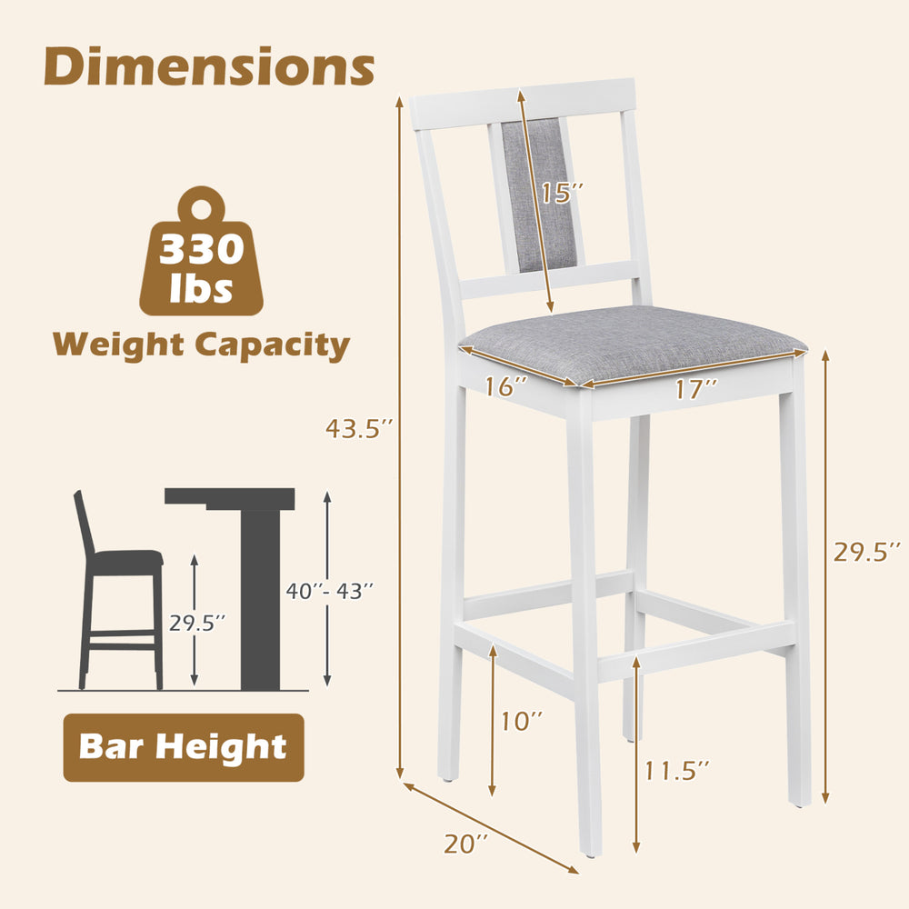 Upholstered barstool with solid rubber wood frame, 29.5-inch height, featuring a comfortable backrest and footrest.