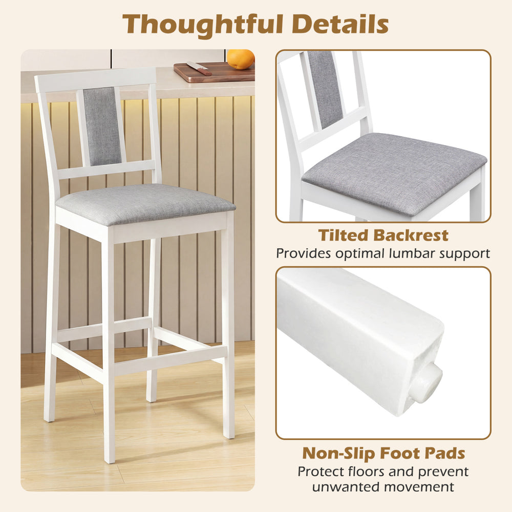 Upholstered barstool with tilted backrest and non-slip foot pads, crafted from solid rubber wood for kitchen or dining.