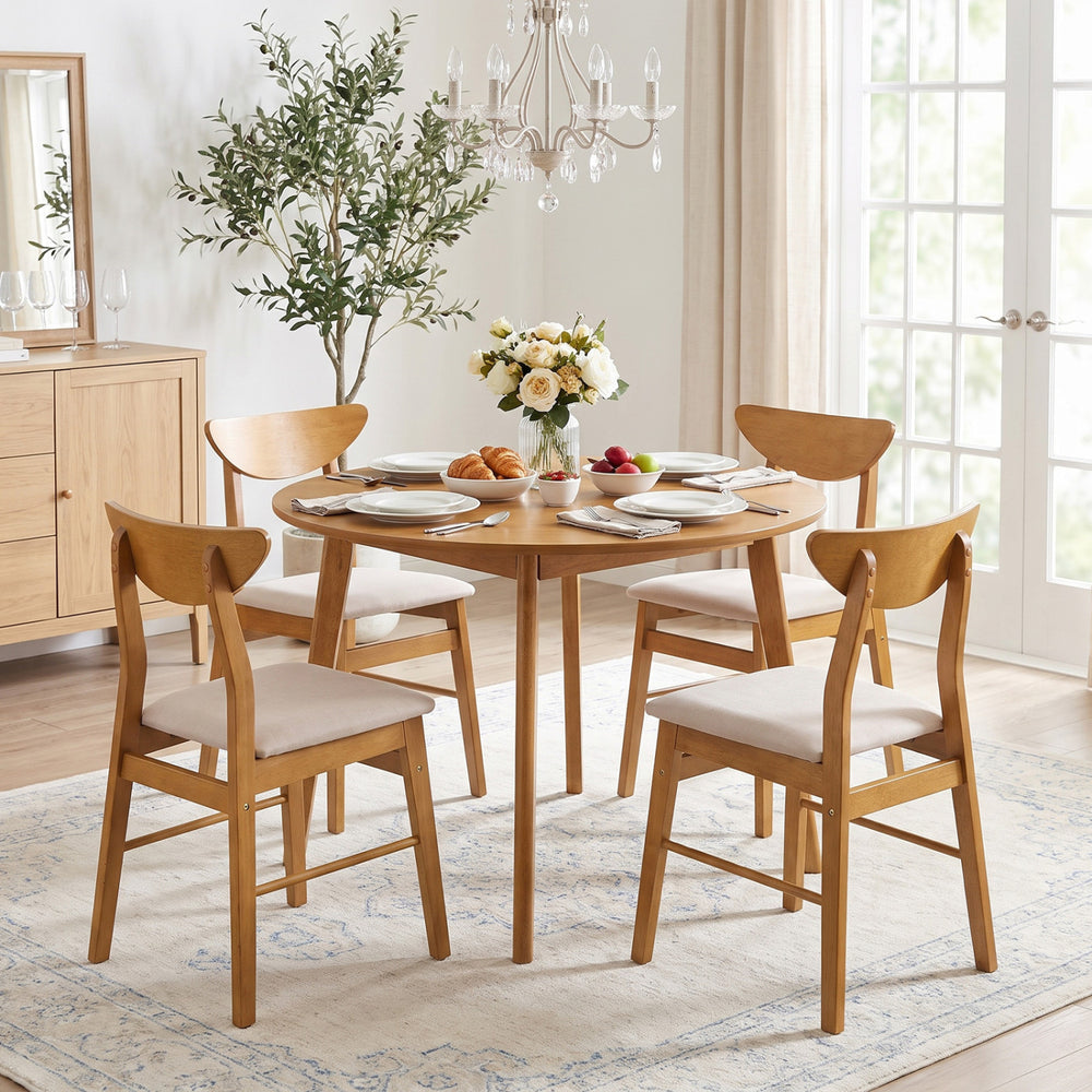 Set of 4 Upholstered Dining Chairs with Curved Backrest and Rubber Wood Frame-Natural - Gallery View 1 of 8