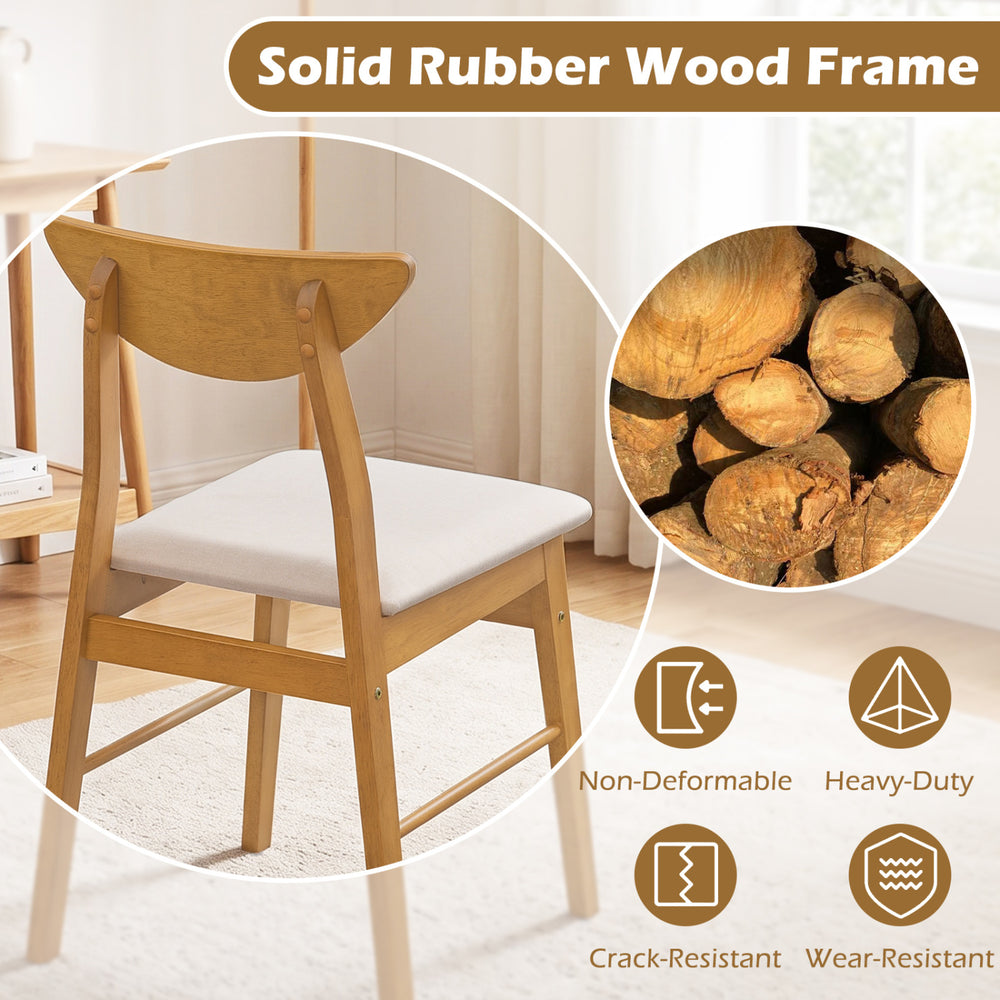Upholstered dining chair with a curved backrest and solid rubber wood frame, ideal for dining and kitchen settings.
