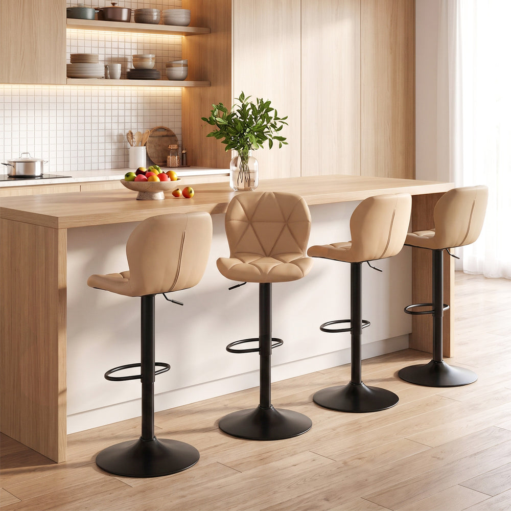 Set of 4 Upholstered Swivel Bar Stools with Adjustable Height and Curved Backs-Khaki - Gallery View 1 of 7