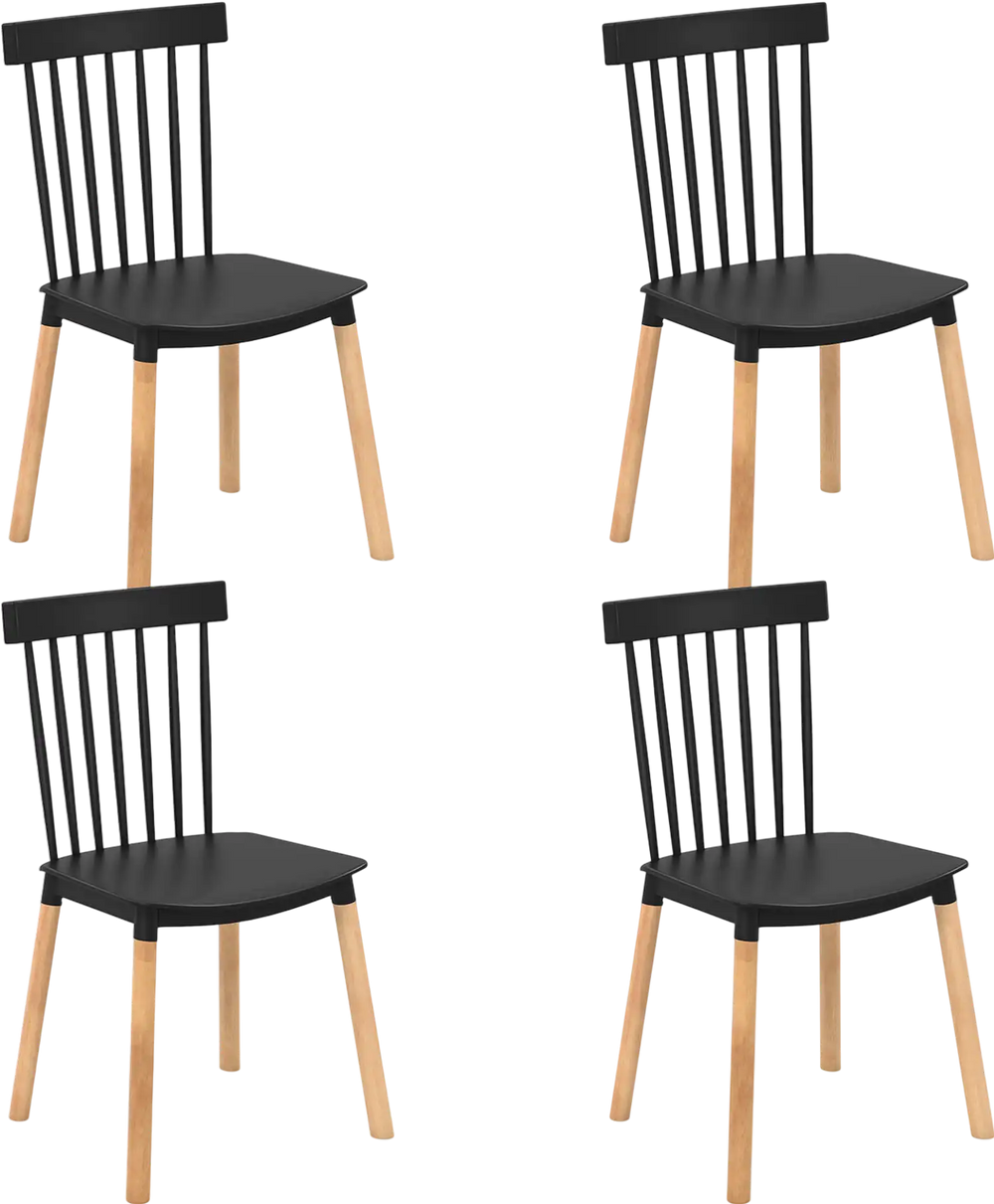 Set of 4 black Windsor dining chairs with spindle backs and curved seats, ideal for kitchen and dining room use.