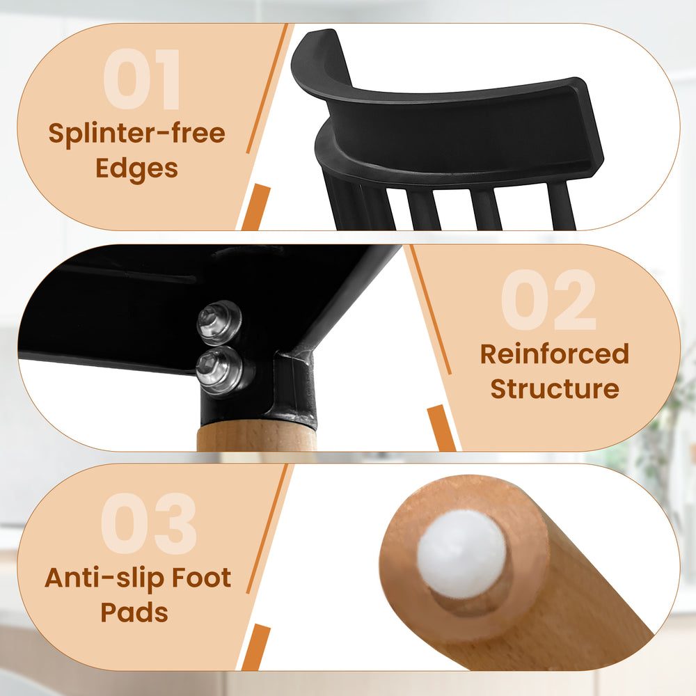 Close-up of Windsor dining chair features, highlighting splinter-free edges, reinforced structure, and anti-slip foot.