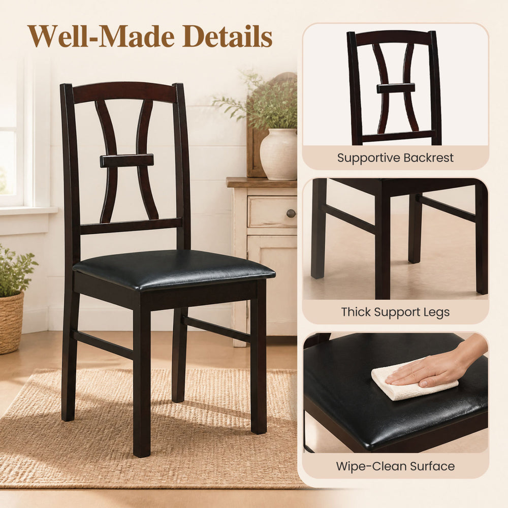 Brown wooden dining chair with faux leather padded seat, supportive backrest, and thick legs for kitchen use.