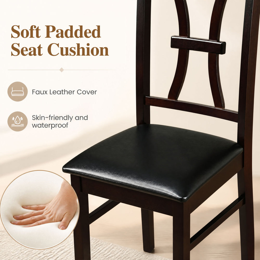Brown faux leather padded seat cushion on a sturdy wooden dining chair, designed for comfort and easy maintenance.