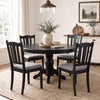 Set of 4 black wooden dining chairs with hollow back and soft-padded cushions for comfortable farmhouse-style seating.