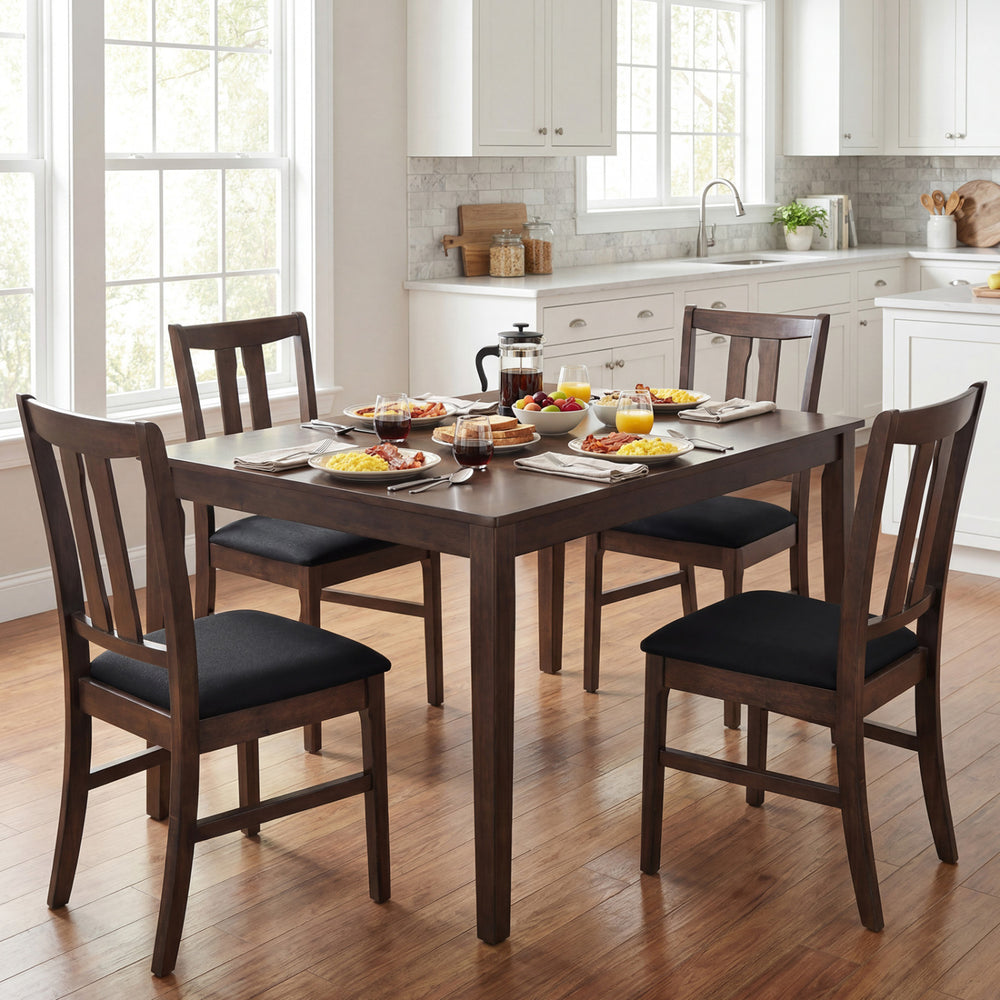 Set of 4 walnut wooden dining chairs with upholstered seats, featuring high curved backs for ergonomic comfort.