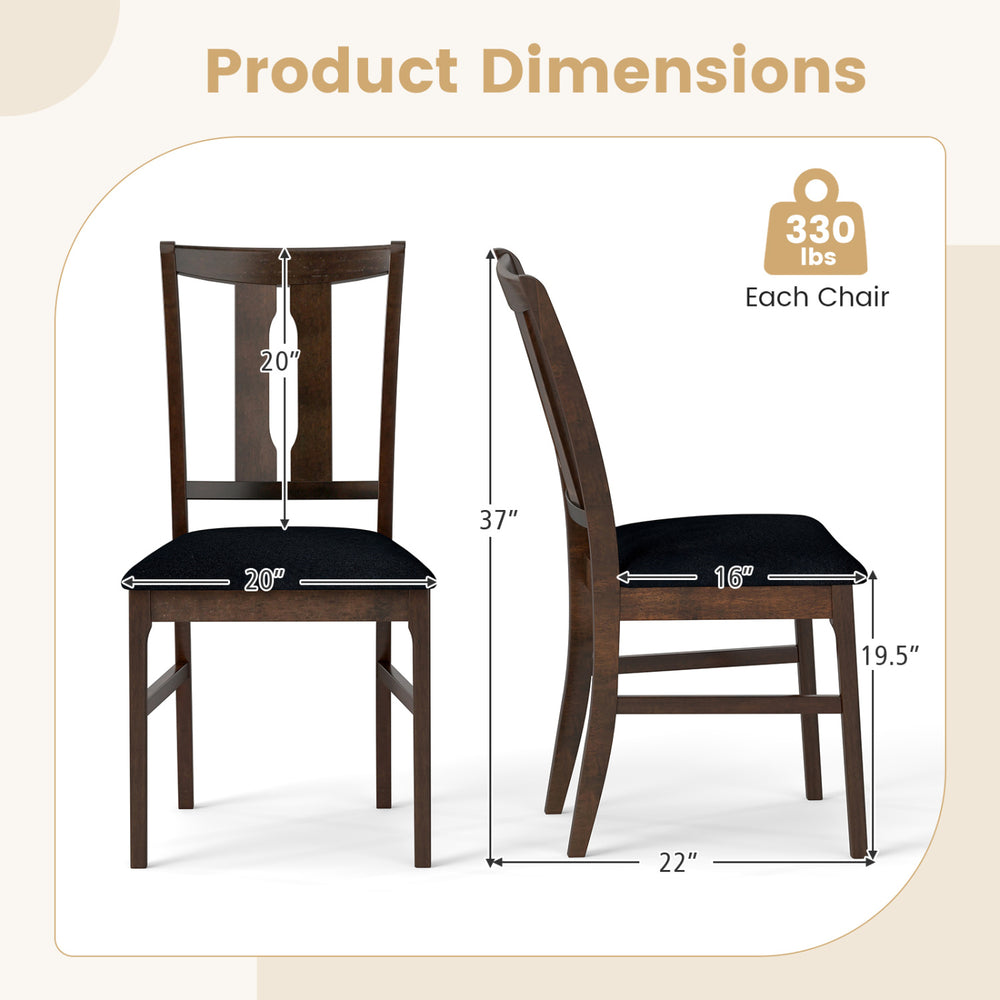 Set of 4 wooden upholstered dining chairs in walnut, featuring a high curved back and dimensions for ergonomic comfort.