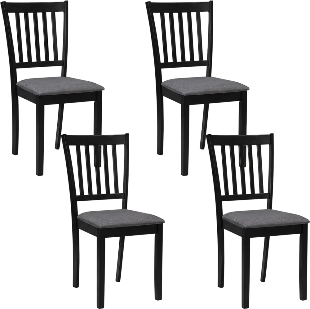 Set of 4 black wooden dining chairs with upholstered seats, designed for comfort and durability in dining rooms or kitchens.