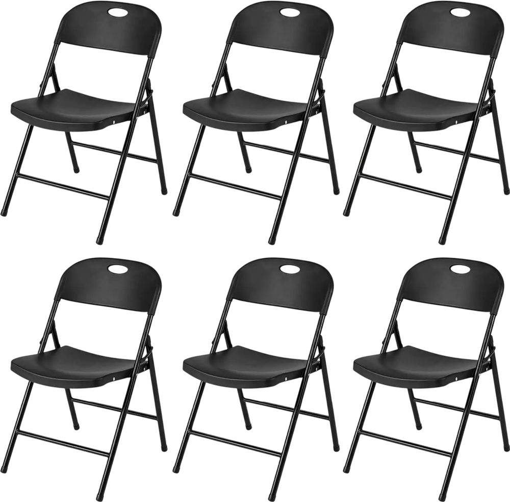 Set of 6 black foldable plastic chairs with ergonomic backrests, ideal for events, dining, and easy storage.