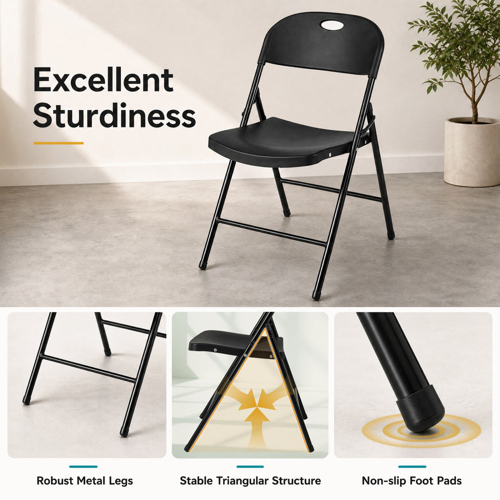 Foldable black plastic chair with ergonomic backrest, robust metal legs, and non-slip foot pads for versatile use.