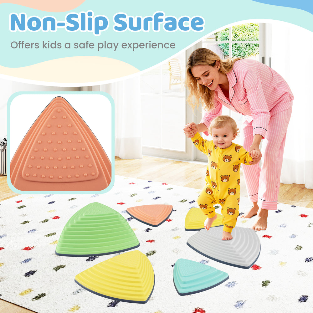 Set of 6 non-slip balance stones for kids, featuring a stackable design and storage bag for safe play and easy storage.