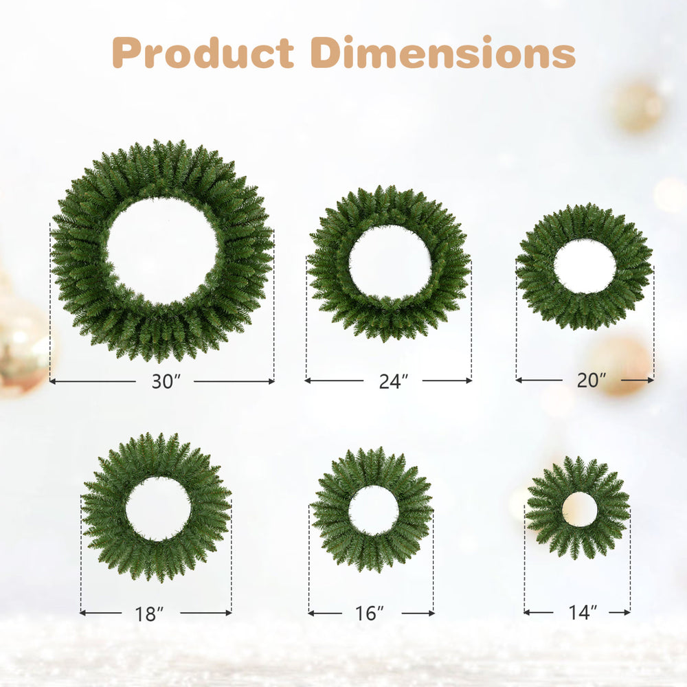 Set of 6 unlit artificial Christmas wreaths in various sizes, featuring realistic greenery for versatile holiday decoration.