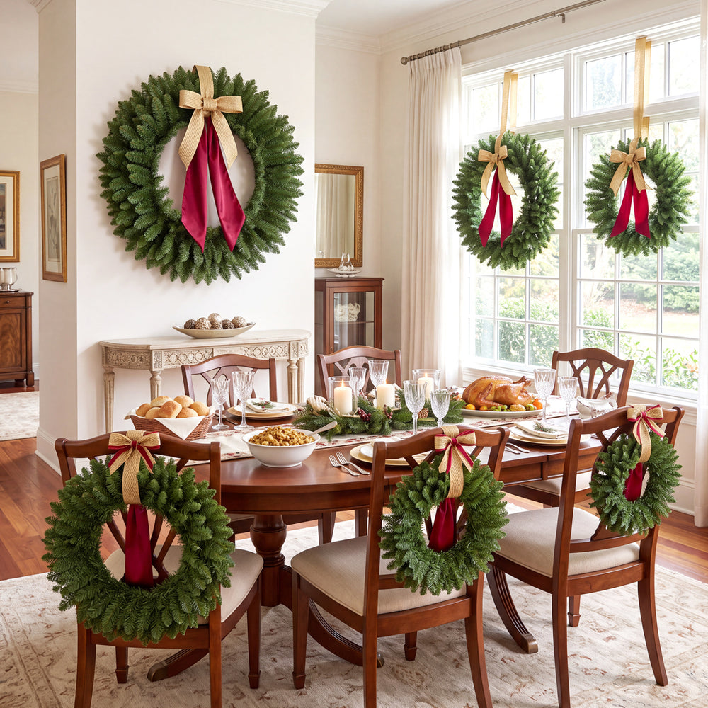 Set of 6 unlit artificial Christmas wreaths featuring vibrant green leaves, perfect for festive indoor and outdoor decoration.