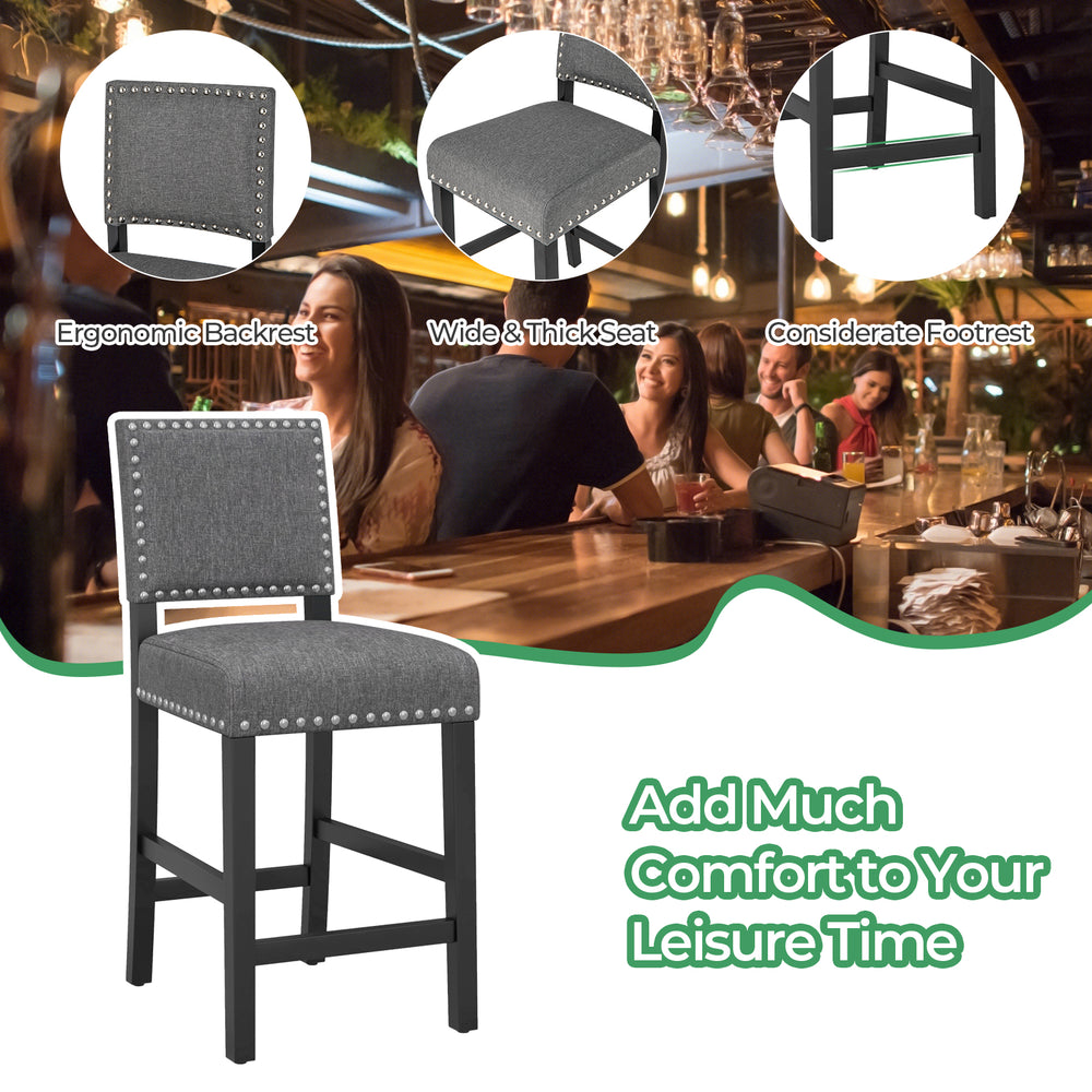 Counter height chair set with rubber wood frame, ergonomic backrest, and cushioned seat for comfortable leisure time.