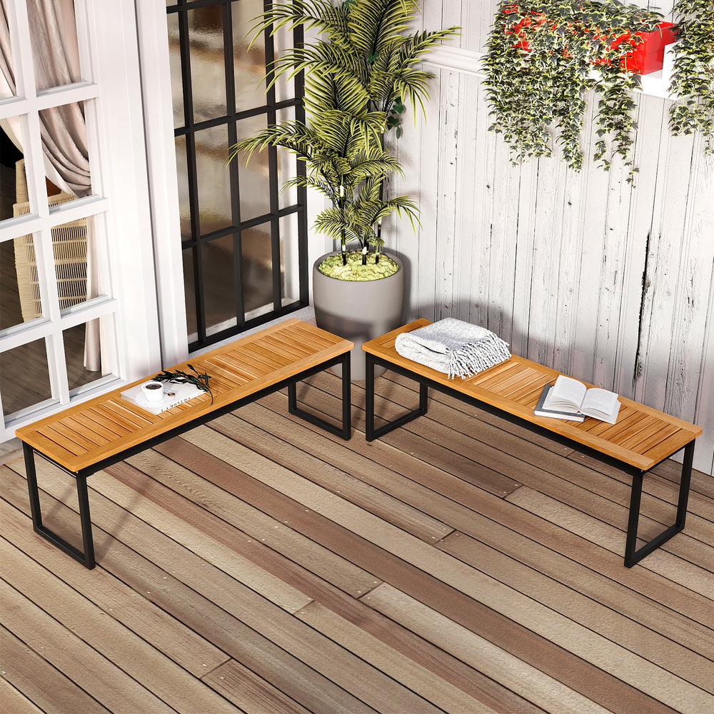 Set of 2 patio dining benches with acacia wood surface and powder-coated metal legs, ideal for indoor and outdoor use.