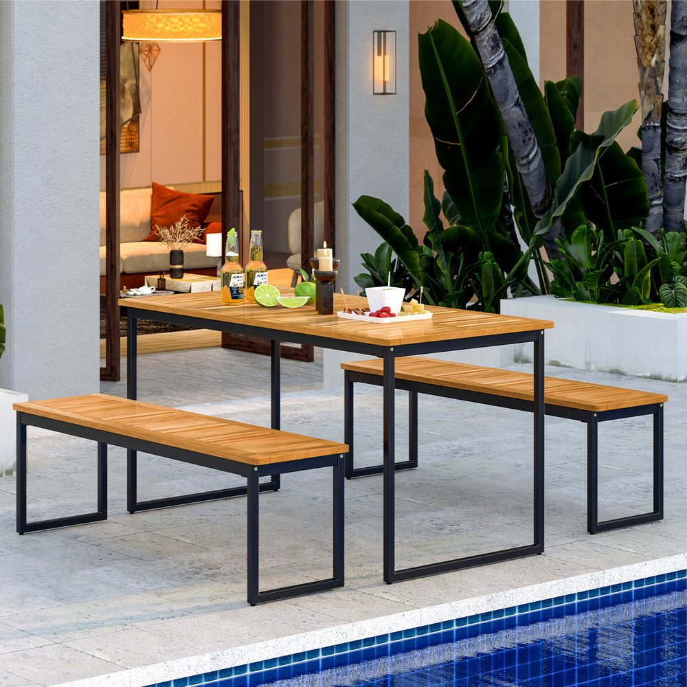Patio dining bench set made of acacia wood with powder-coated metal legs, perfect for indoor or outdoor use.