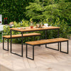 Patio dining bench set featuring premium acacia wood and powder-coated metal legs, ideal for indoor and outdoor use.
