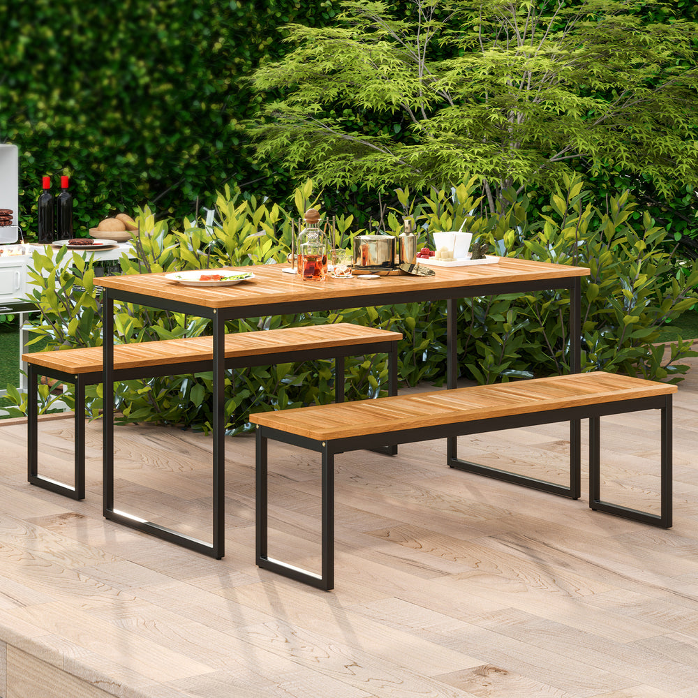 Patio dining bench set featuring premium acacia wood and powder-coated metal legs, ideal for indoor and outdoor use.
