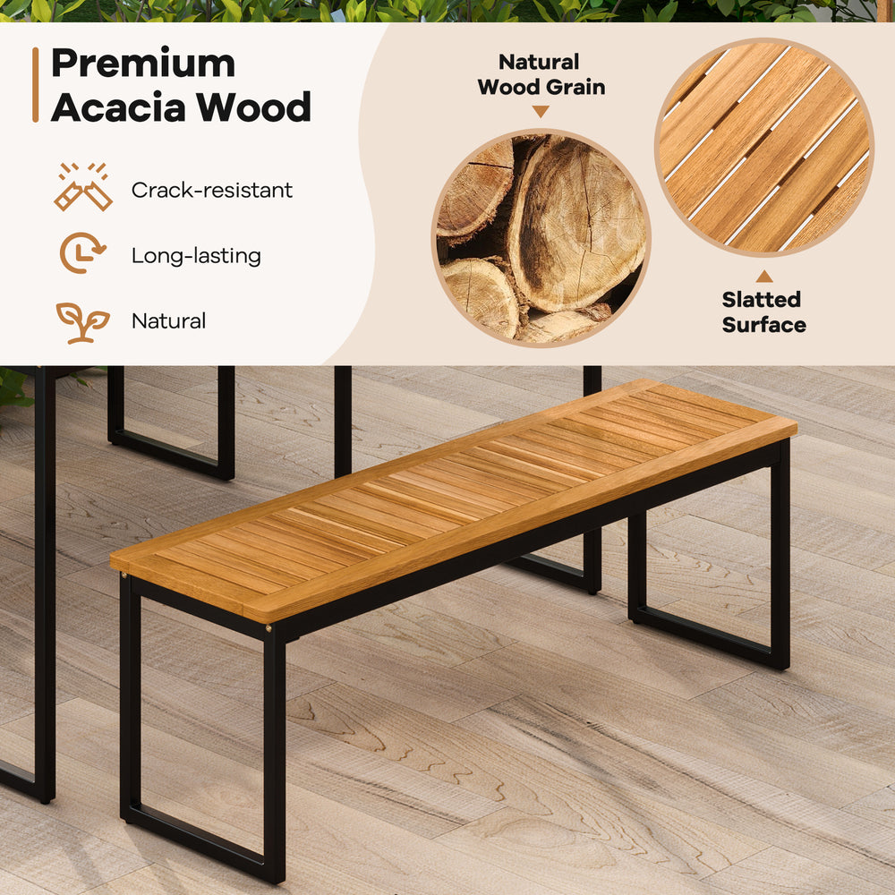 Patio dining bench featuring premium acacia wood, slatted surface, and sturdy powder-coated metal legs for.