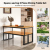 Set of 2 patio dining benches made of acacia wood with powder-coated metal legs, ideal for indoor and outdoor use.