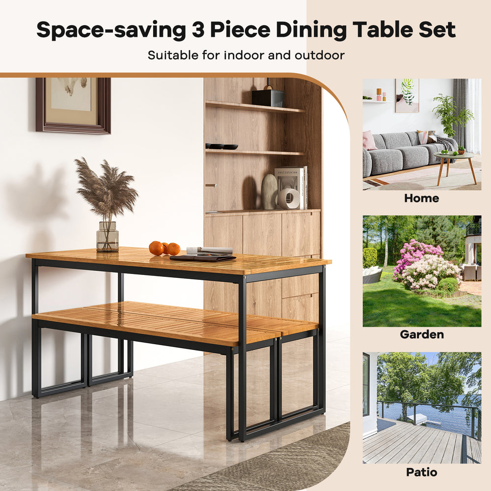 Set of 2 patio dining benches made of acacia wood with powder-coated metal legs, ideal for indoor and outdoor use.
