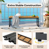 Patio dining bench with acacia wood surface and powder-coated metal legs, ideal for indoor and outdoor use.