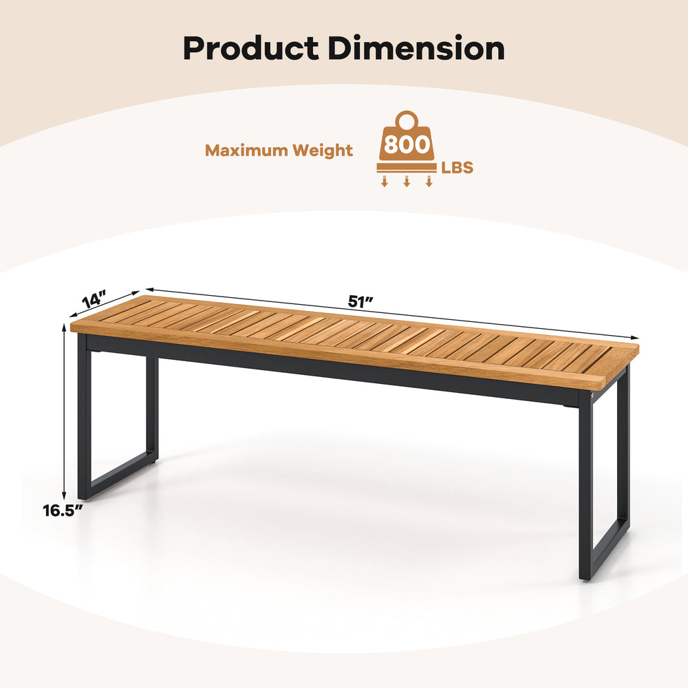 Patio dining bench dimensions with acacia wood surface and powder-coated metal legs, suitable for indoor and outdoor.
