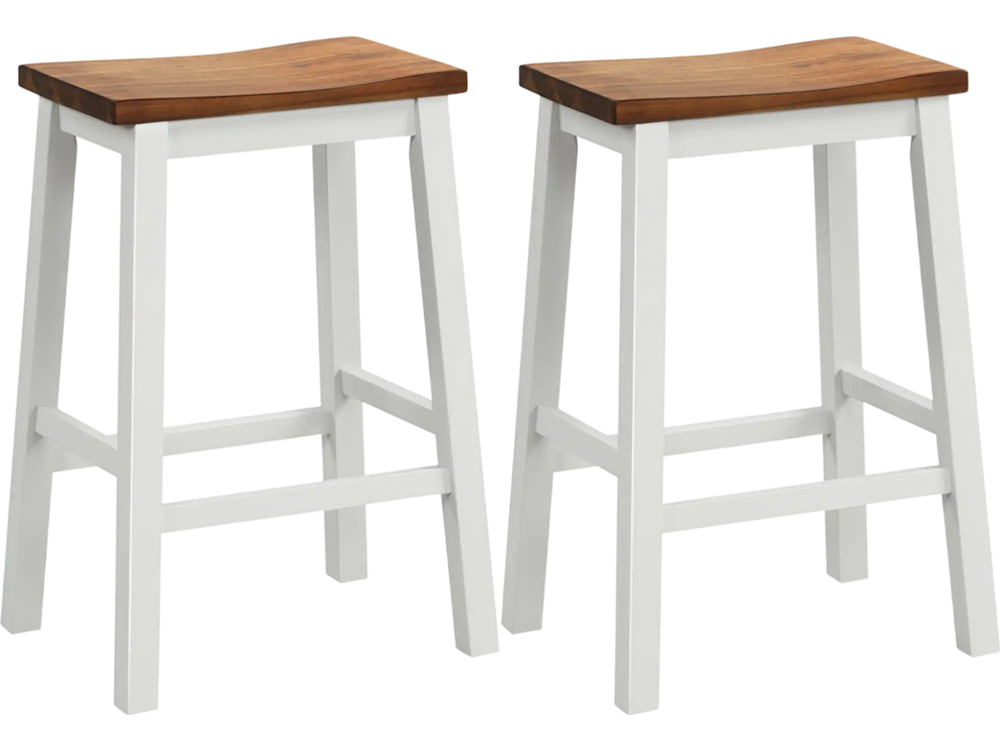 Set of 2 24.5-inch saddle bar stools with walnut acacia wood seats and gray legs, ideal for kitchen islands.