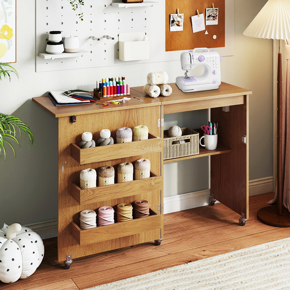 Sewing Machine Table with Charging Station and Lockable Casters-Natural - Gallery View 1 of 10