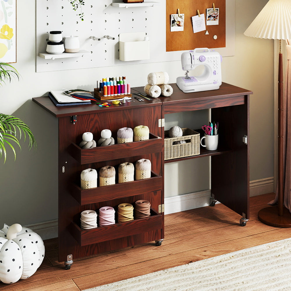 Sewing Machine Table with Charging Station and Lockable Casters-Brown - Gallery View 1 of 10