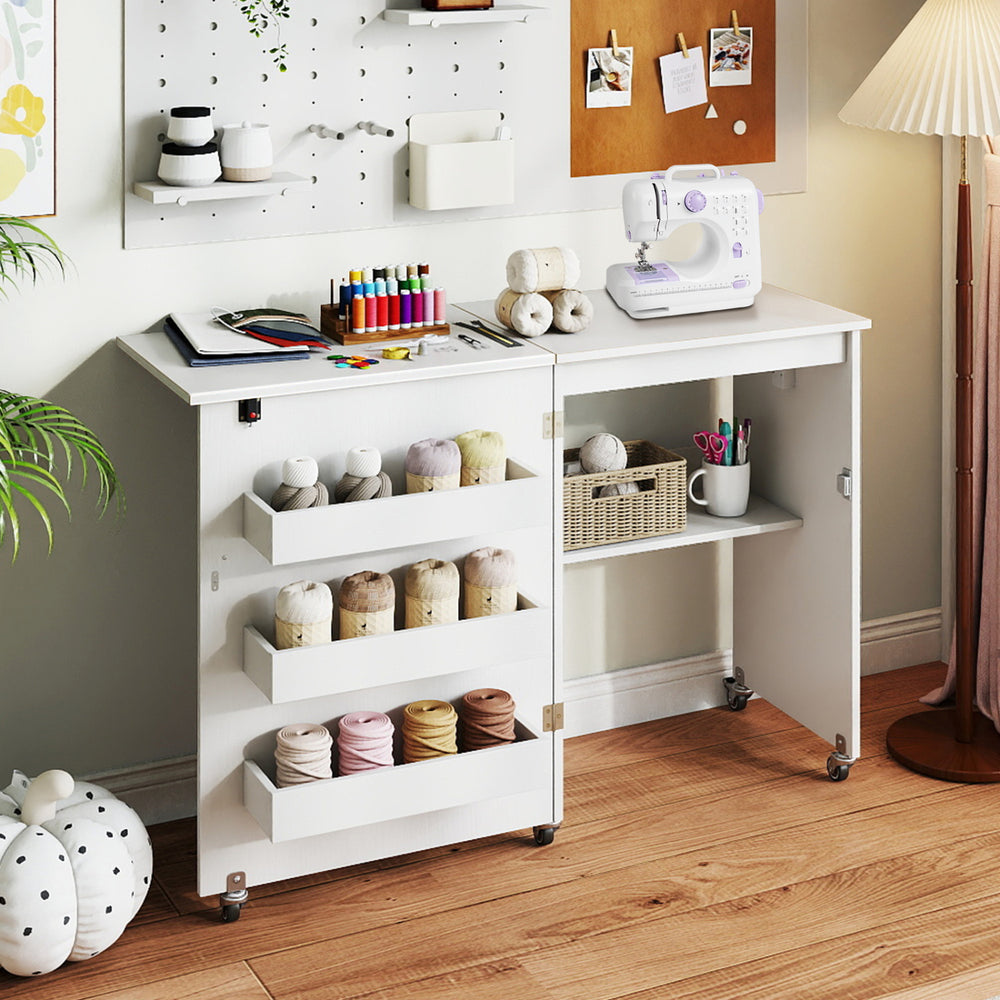 Sewing Machine Table with Charging Station and Lockable Casters-White - Gallery View 1 of 10