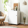 White sewing machine table with smooth swivel casters, open rack, and built-in charging station for flexible workspace.