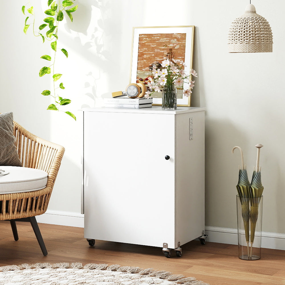 White sewing machine table with smooth swivel casters, open rack, and built-in charging station for flexible workspace.