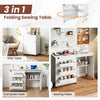 Folding sewing table in white, featuring a 3-tier shelf, charging station, and lockable casters for versatile use.
