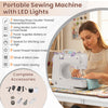 Portable sewing machine with LED lights, featuring double-thread and reverse stitching, perfect for home and studio use.